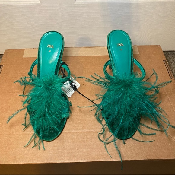 Zara Feathered Velvet Heels Size 6 - Picture 5 of 13